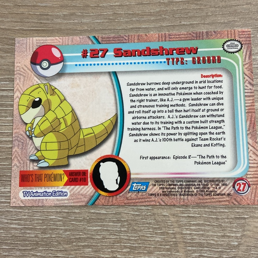 Sandshrew #27 Pokemon Topps TV Animation Series 1 Non-Holo 1st Print - Picture 2 of 2